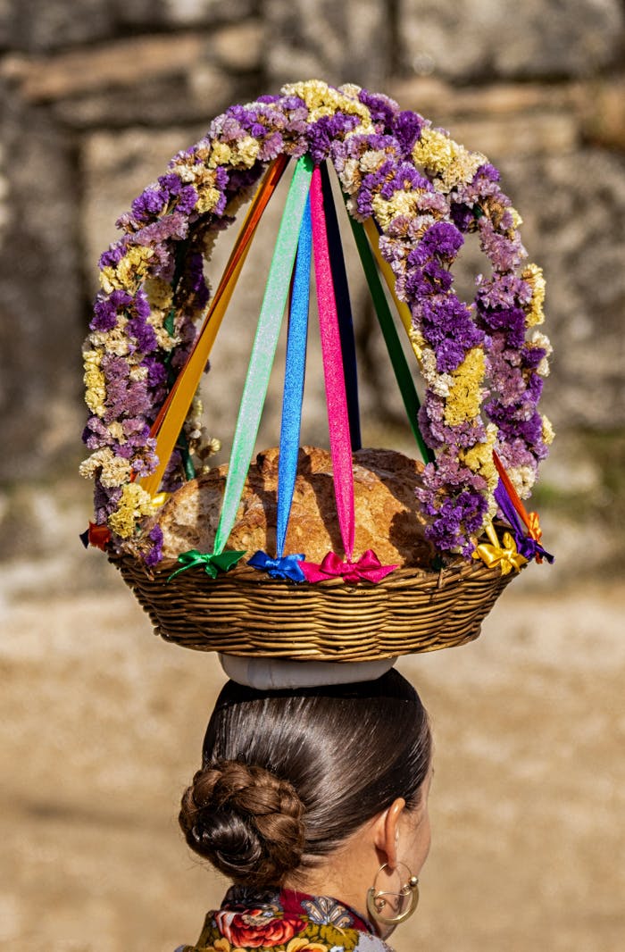 Basket with Bread inside on Woman Head
